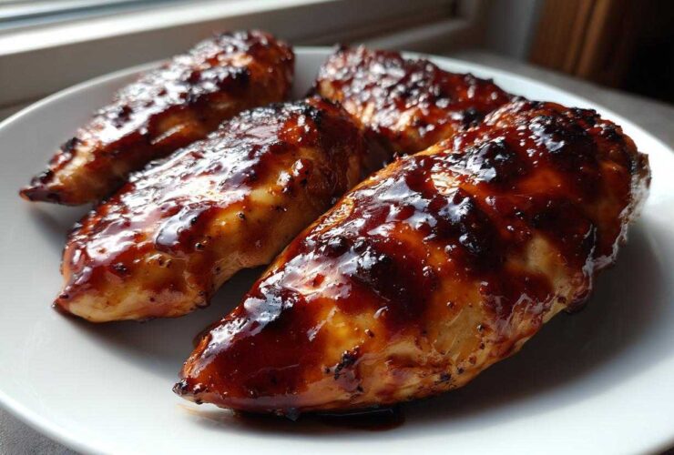 Four pieces of juicy oven baked bbq chicken breasts covered in a thick, glossy sauce served on a white plate.