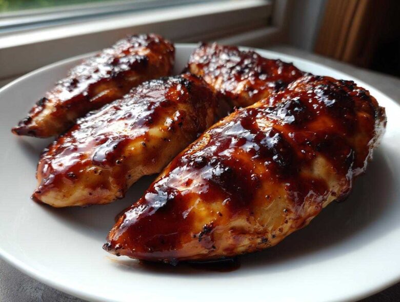Four pieces of juicy oven baked bbq chicken breasts covered in a thick, glossy sauce served on a white plate.