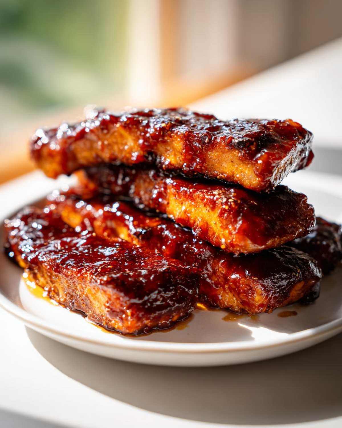 Stack of oven-baked, glazed pieces of bbq chicken coated in a thick, dark sauce.