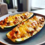Two halves of Keto Cheesy Taco Stuffed Zucchini Boats topped with melted cheddar cheese.