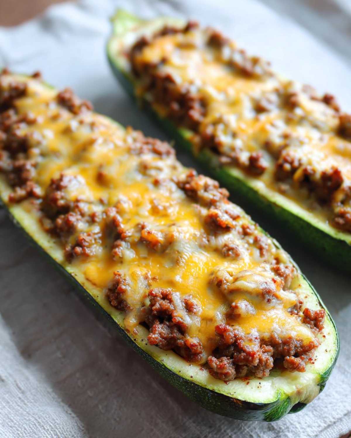Two halves of Keto Cheesy Taco Stuffed Zucchini Boats filled with seasoned ground meat and melted cheddar cheese.