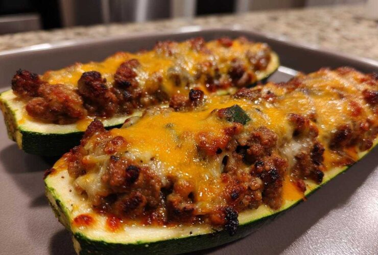 Two baked Keto Cheesy Taco Stuffed Zucchini Boats filled with seasoned ground meat and topped with melted cheddar cheese.