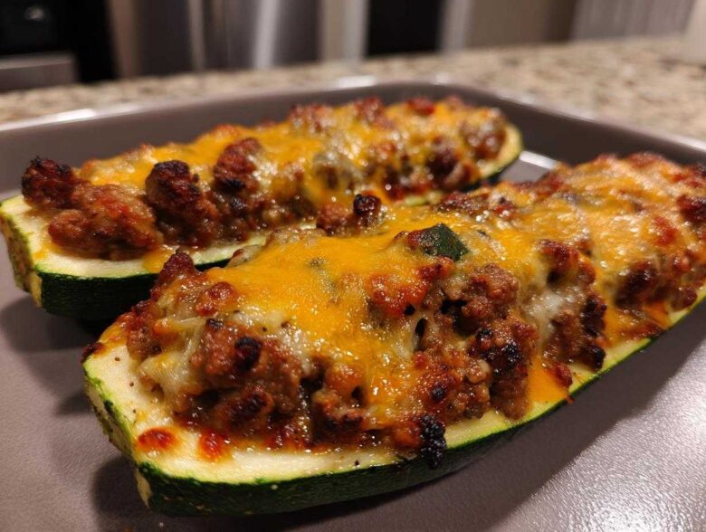 Two baked Keto Cheesy Taco Stuffed Zucchini Boats filled with seasoned ground meat and topped with melted cheddar cheese.