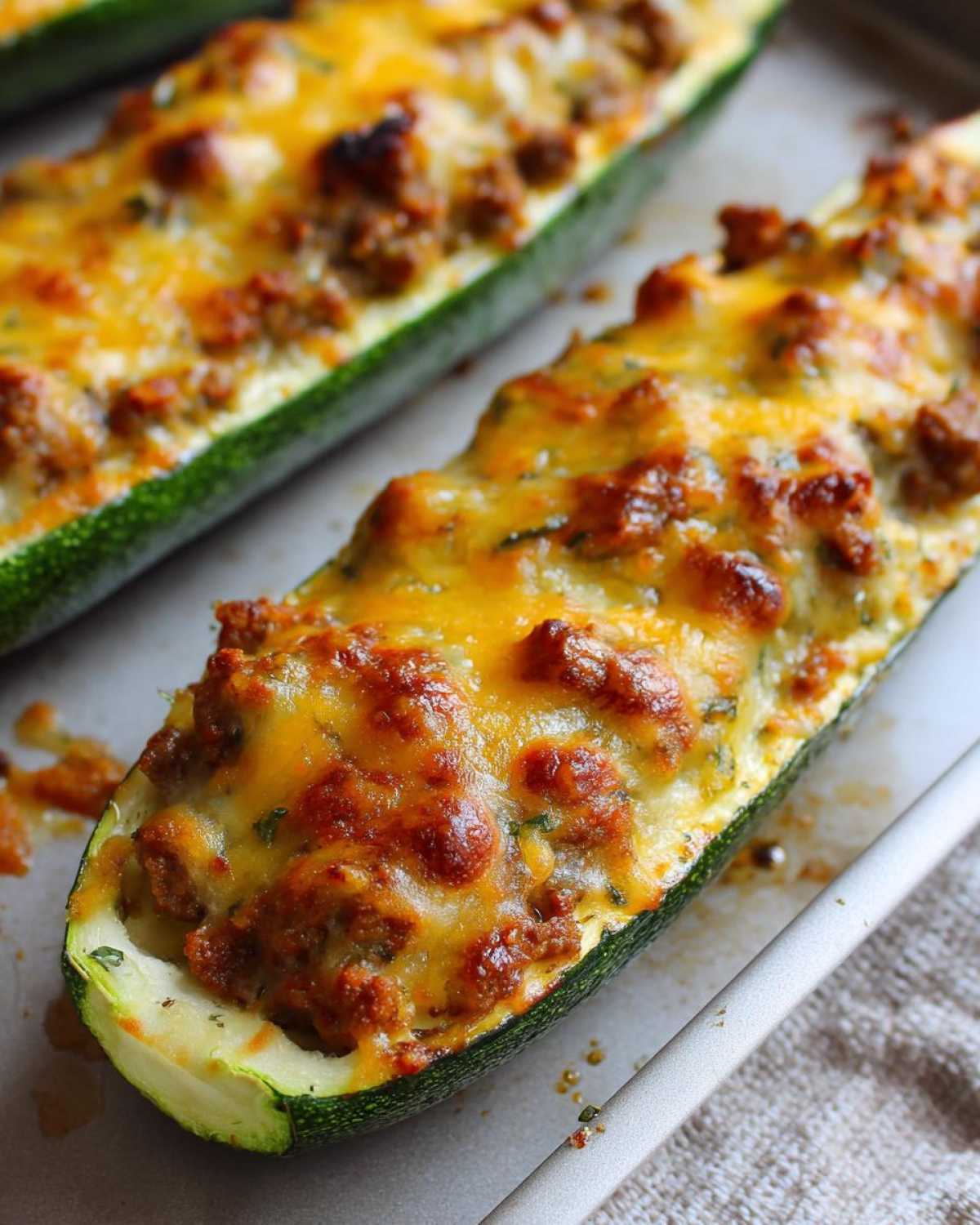 Two baked Keto Cheesy Taco Stuffed Zucchini Boats topped with browned, melted cheddar cheese.