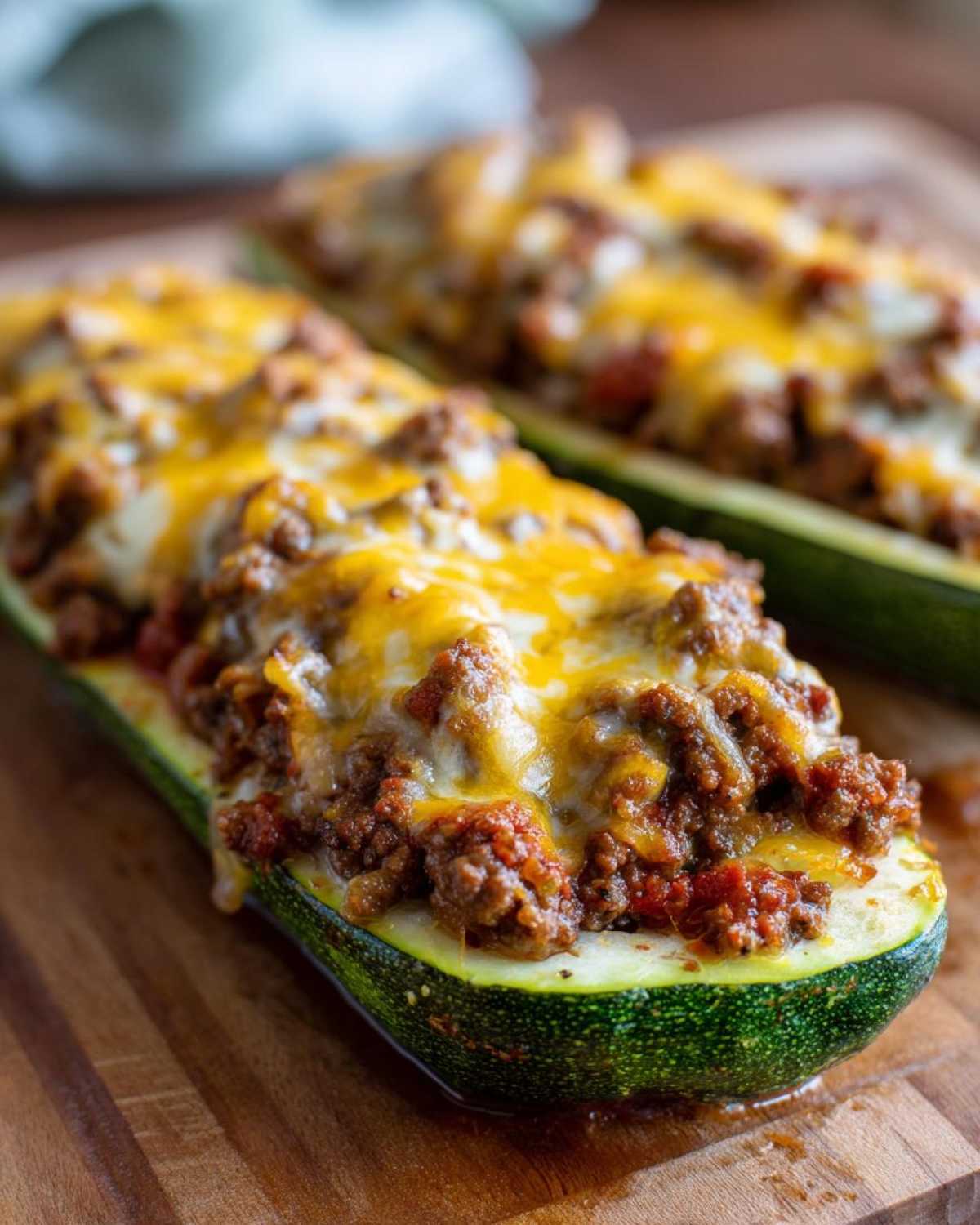Close-up of Keto Cheesy Taco Stuffed Zucchini Boats filled with seasoned ground meat and topped with melted cheddar cheese.