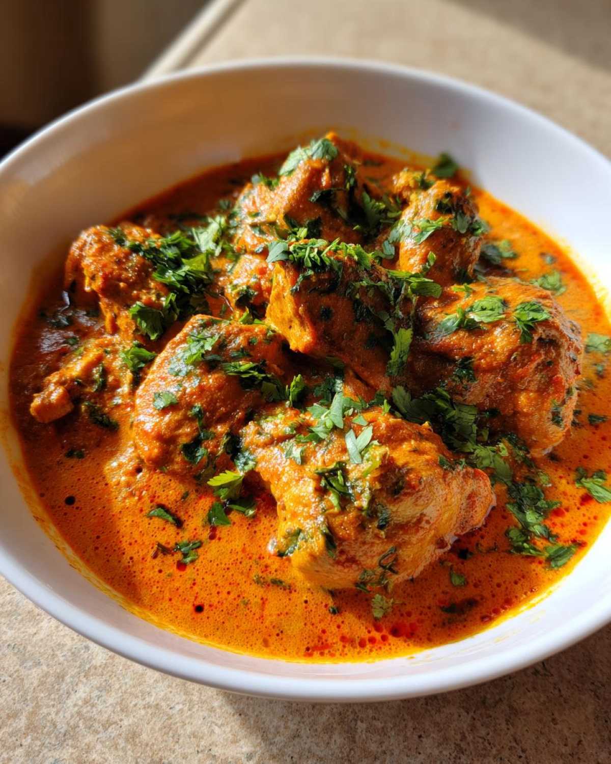 Close-up of rich, orange Keto Creamy Butter Chicken Skillet pieces garnished with fresh cilantro in a white bowl.