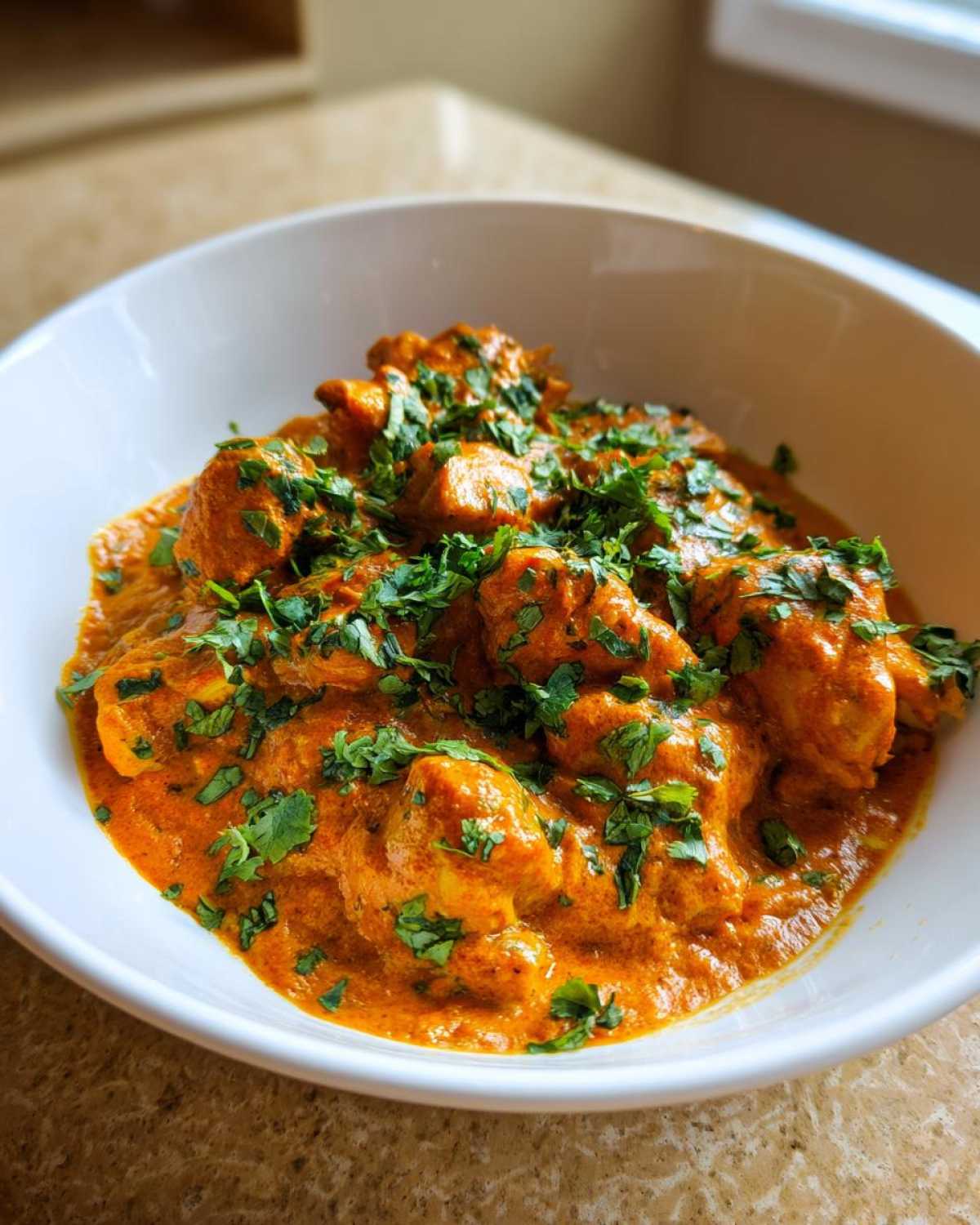Close-up of tender chicken pieces coated in rich, orange sauce, garnished with fresh cilantro, served in a white bowl of Keto Creamy Butter Chicken Skillet.