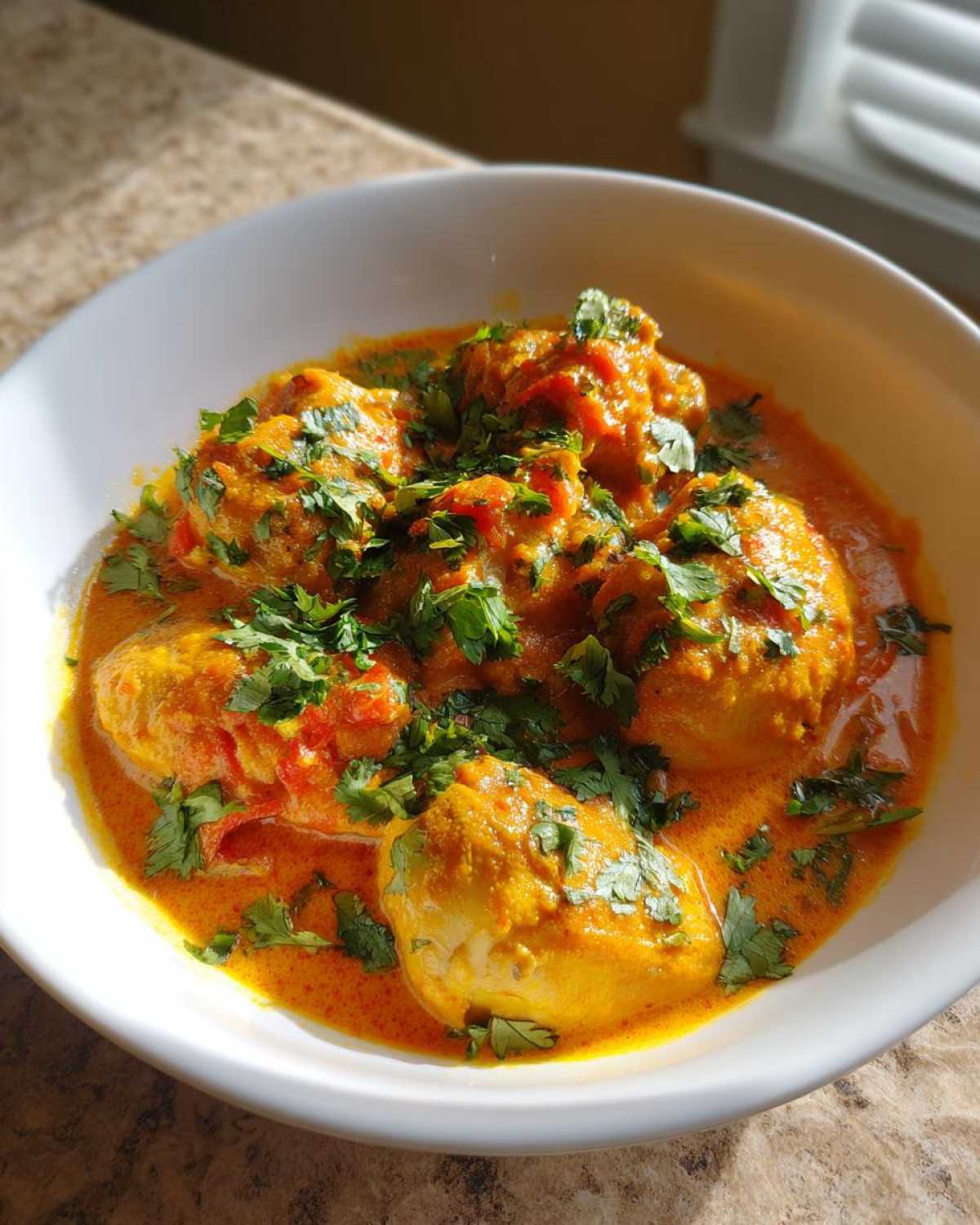 Close-up of Keto Creamy Butter Chicken Skillet served in a white bowl, garnished with fresh cilantro.
