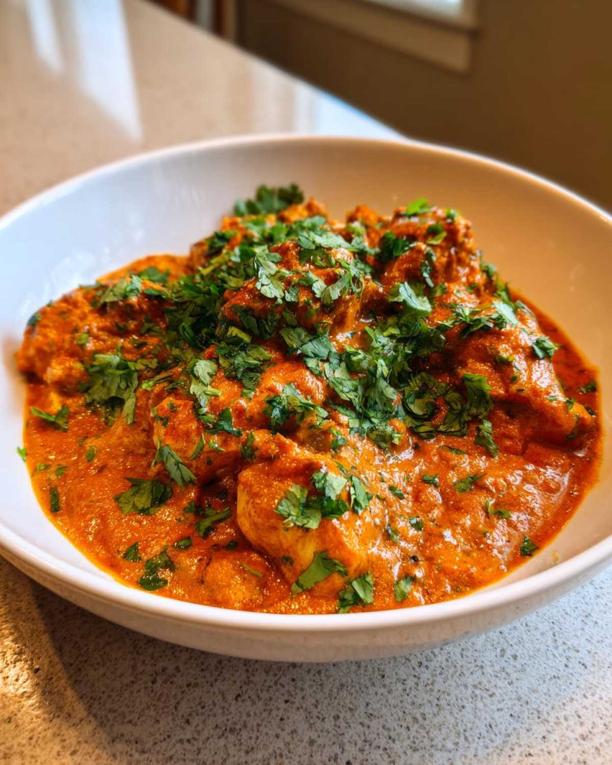 Close-up of Keto Creamy Butter Chicken Skillet in a white bowl, topped with fresh cilantro.