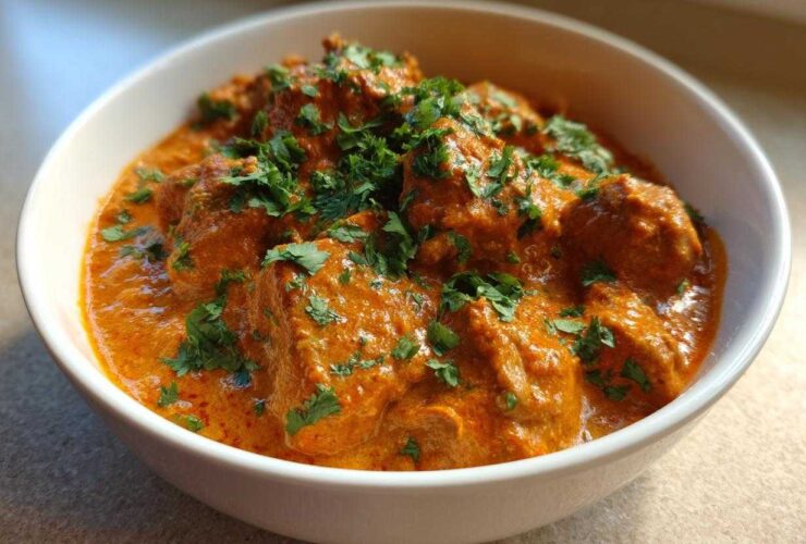 A close-up of rich, orange-red Keto Creamy Butter Chicken Skillet served in a white bowl and garnished with fresh cilantro.