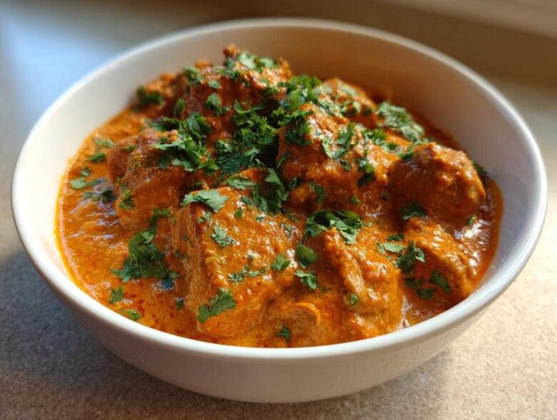 A close-up of rich, orange-red Keto Creamy Butter Chicken Skillet served in a white bowl and garnished with fresh cilantro.