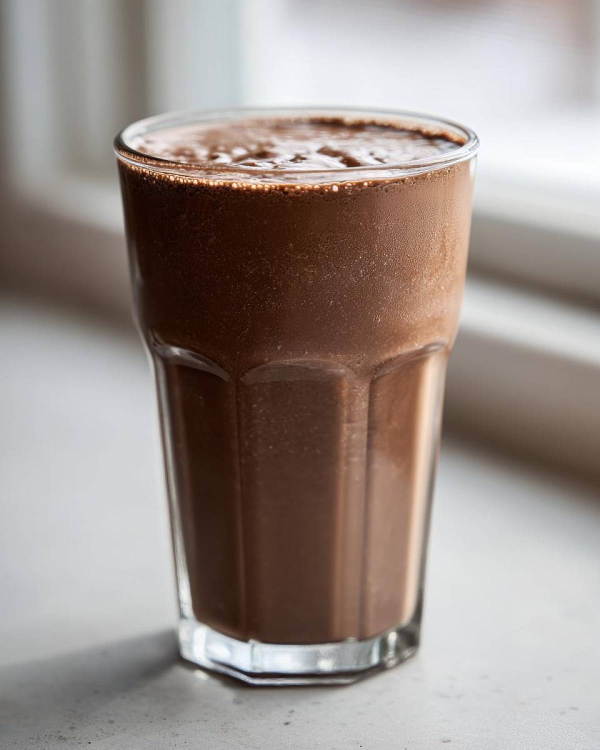 A tall, chilled glass filled with a thick, brown Keto Creamy Chocolate Peanut Butter Shake.