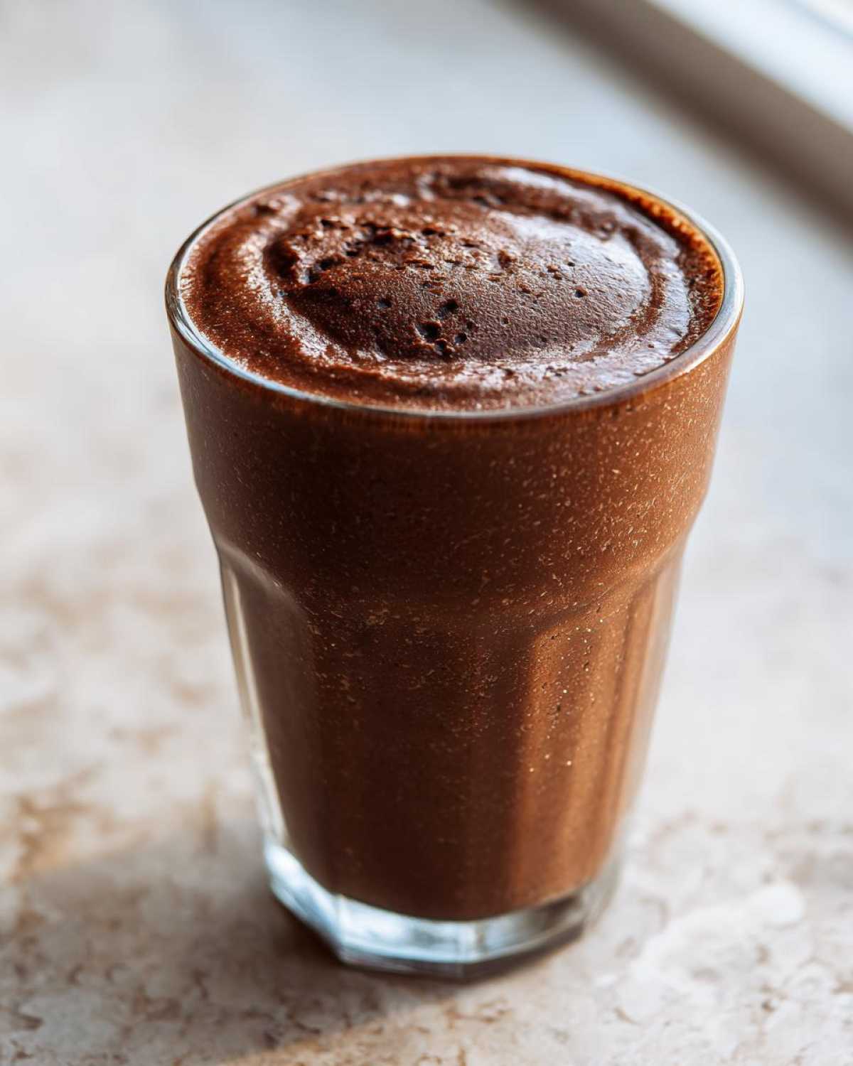 Close-up of a thick, rich brown Keto Creamy Chocolate Peanut Butter Shake in a clear glass.