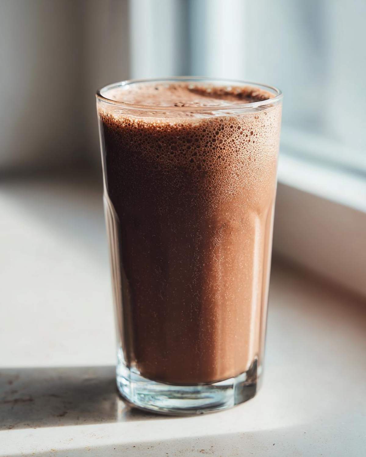 A tall glass filled with a thick, frothy Keto Creamy Chocolate Peanut Butter Shake, sitting near a bright window.
