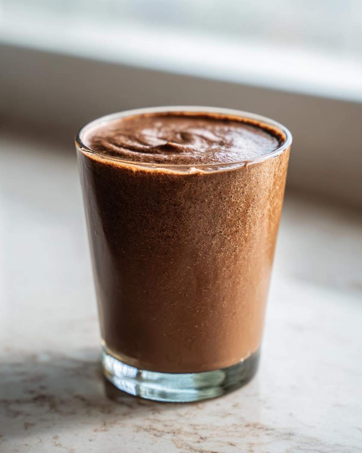 A thick, rich, brown Keto Creamy Chocolate Peanut Butter Shake served in a clear glass on a light countertop.