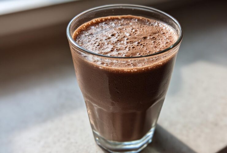 A tall glass filled with a thick, frothy Keto Creamy Chocolate Peanut Butter Shake, sitting on a light surface near a window.