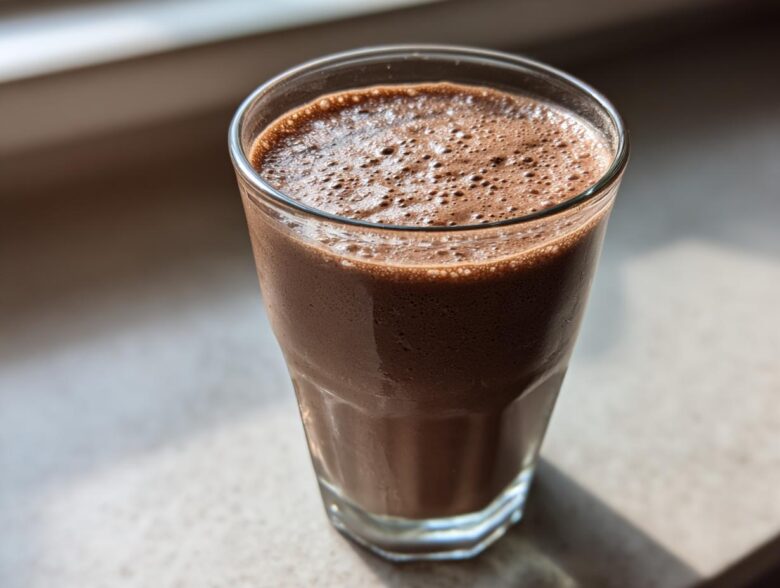 A tall glass filled with a thick, frothy Keto Creamy Chocolate Peanut Butter Shake, sitting on a light surface near a window.