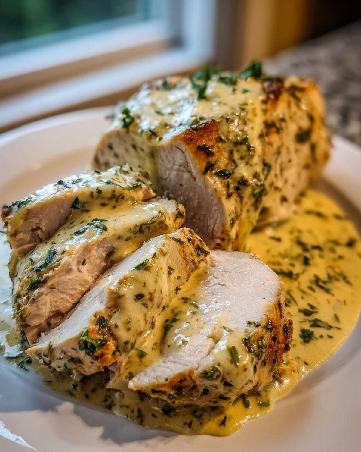 Close-up of sliced Keto Creamy Garlic Herb Pork Tenderloin covered in a rich, herb-flecked sauce on a white plate.