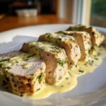 Close-up of sliced Keto Creamy Garlic Herb Pork Tenderloin covered in a rich, creamy herb sauce on a white plate.
