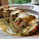 Close-up of sliced Keto Creamy Garlic Herb Pork Tenderloin generously covered in a rich, herbed cream sauce.