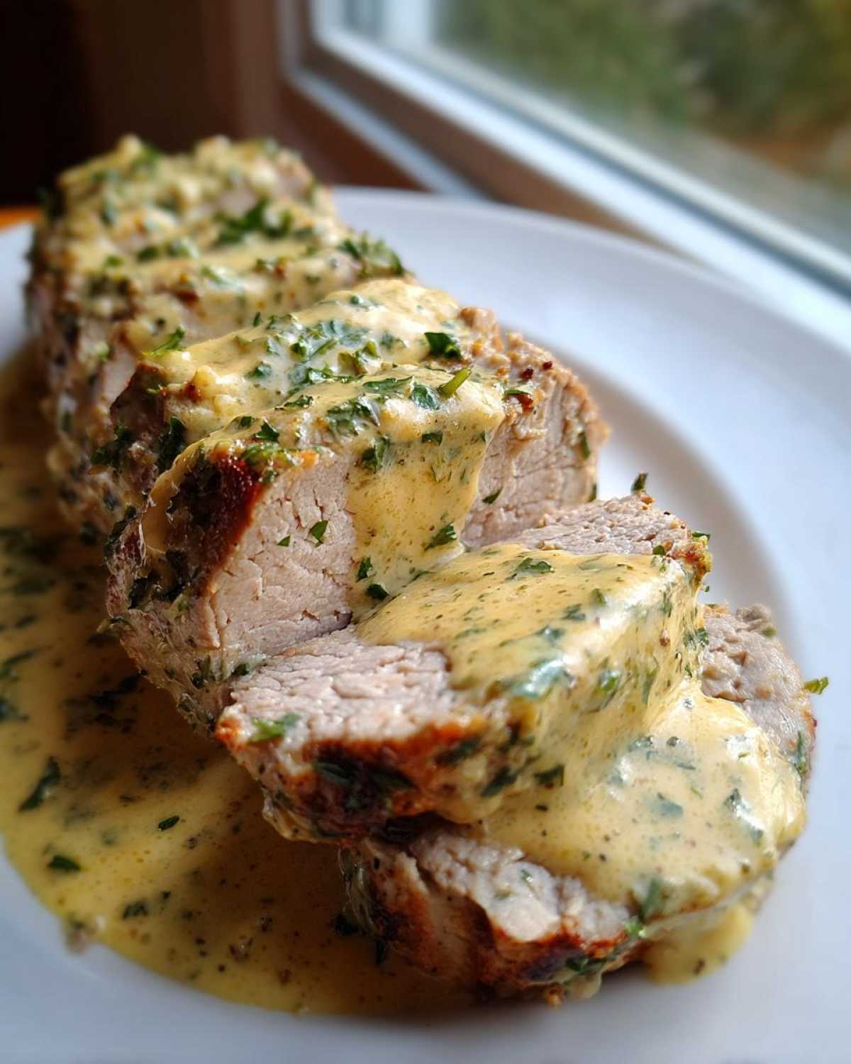Close-up of sliced Keto Creamy Garlic Herb Pork Tenderloin generously covered in a yellow, herb-flecked cream sauce.