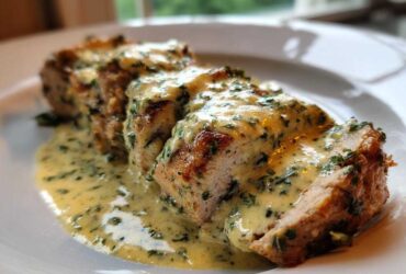 Close-up of sliced Keto Creamy Garlic Herb Pork Tenderloin generously covered in a rich, herbed cream sauce.