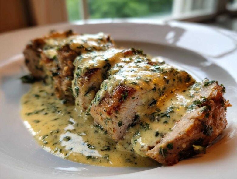 Close-up of sliced Keto Creamy Garlic Herb Pork Tenderloin generously covered in a rich, herbed cream sauce.