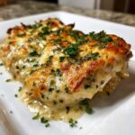 A close-up of a serving of Keto Creamy Garlic Parmesan Chicken Bake, topped with melted, browned cheese and fresh parsley.