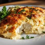 Close-up of a juicy Keto Creamy Garlic Parmesan Chicken Bake with a golden, cheesy crust and creamy sauce.