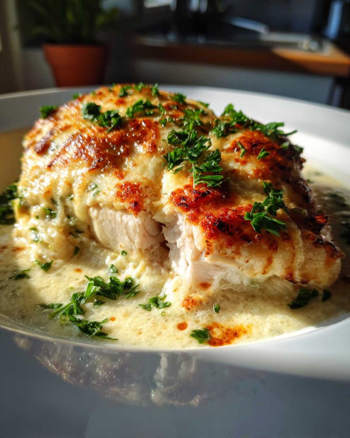 Close-up of a perfectly cooked Keto Creamy Garlic Parmesan Chicken Bake, topped with browned cheese and fresh parsley.