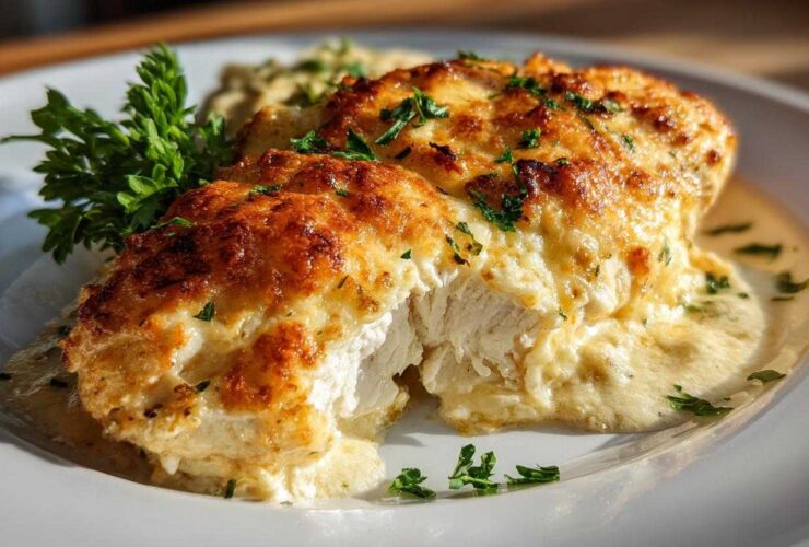 Close-up of a juicy Keto Creamy Garlic Parmesan Chicken Bake with a golden, cheesy crust and creamy sauce.