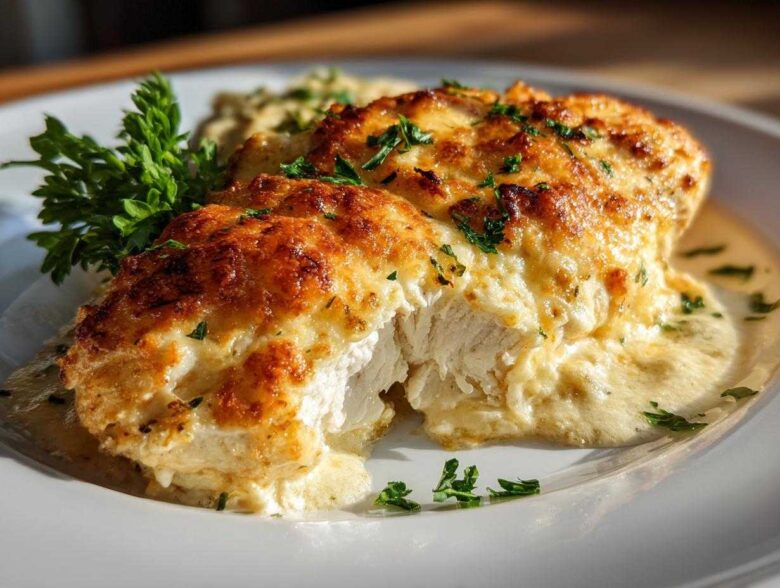 Close-up of a juicy Keto Creamy Garlic Parmesan Chicken Bake with a golden, cheesy crust and creamy sauce.