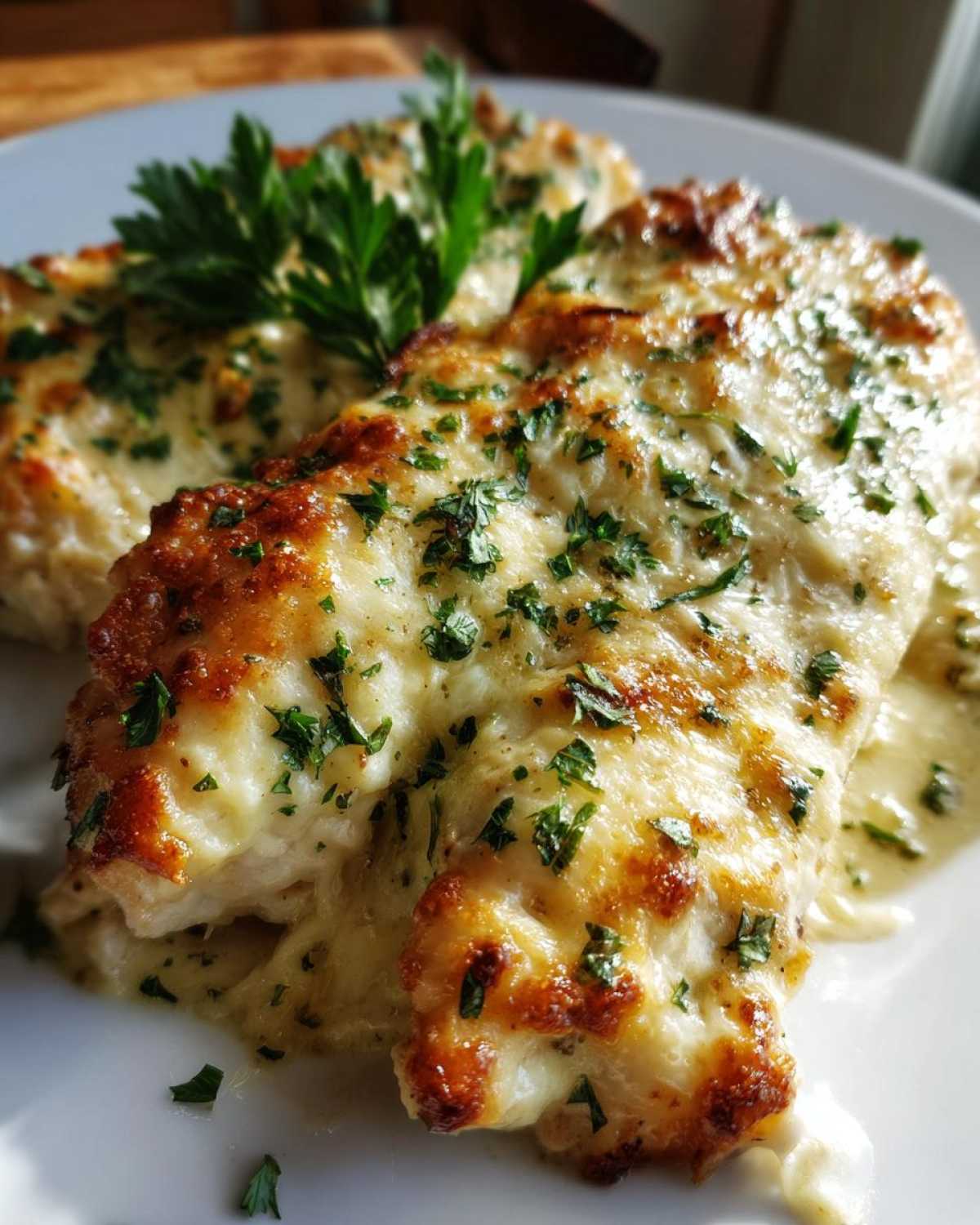 Close-up of baked chicken breasts topped with melted, browned cheese and fresh parsley, showcasing the Keto Creamy Garlic Parmesan Chicken Bake.