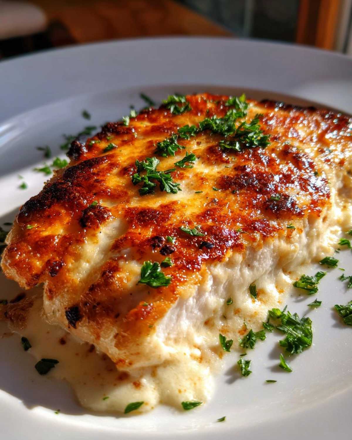 Close-up of a serving of Keto Creamy Garlic Parmesan Chicken Bake with a golden-brown, cheesy top and creamy sauce.