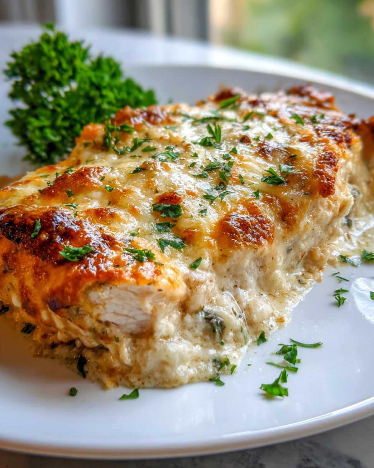 A close-up of a serving of Keto Creamy Garlic Parmesan Chicken Bake covered in melted, browned cheese and parsley.
