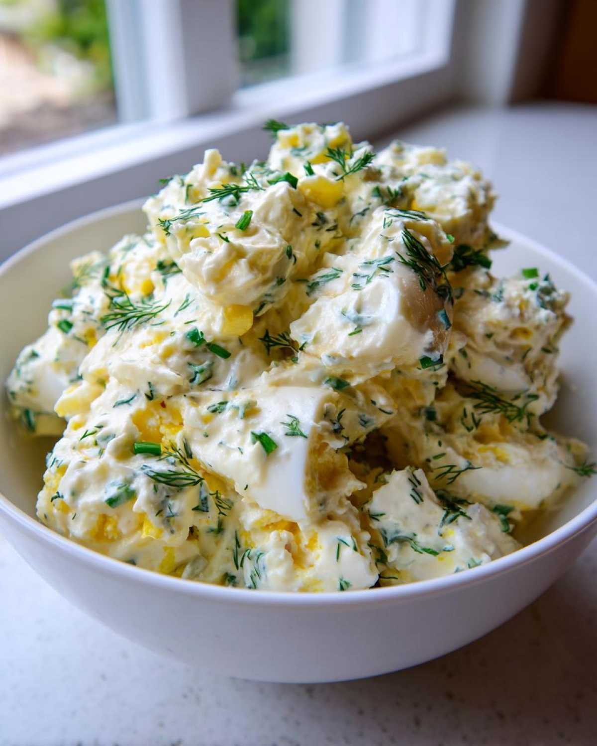 A close-up of Keto Creamy Herb Deviled Egg Salad, featuring chopped eggs mixed with a creamy dressing and fresh dill and chives.