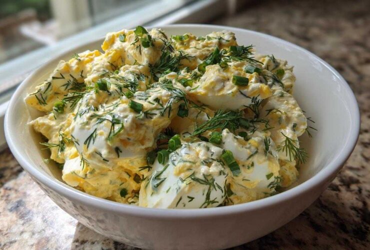 A white bowl filled with Keto Creamy Herb Deviled Egg Salad, topped generously with fresh dill and chopped green onions.