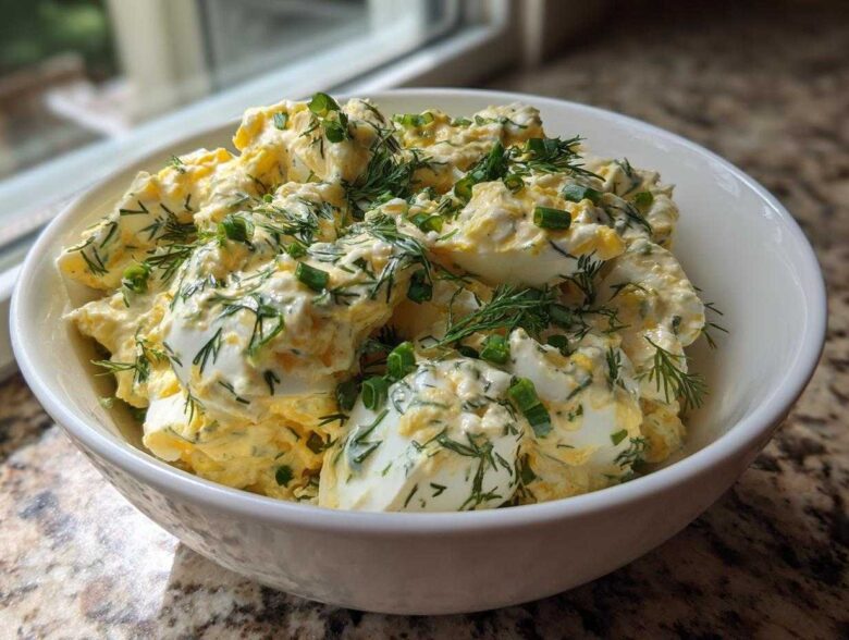 A white bowl filled with Keto Creamy Herb Deviled Egg Salad, topped generously with fresh dill and chopped green onions.