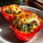 Two bright red bell peppers filled with creamy Italian sausage stuffing and topped with melted, browned cheese.