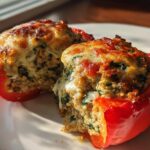 Close-up of a Keto Creamy Italian Sausage Stuffed Pepper cut in half, showing cheesy filling.
