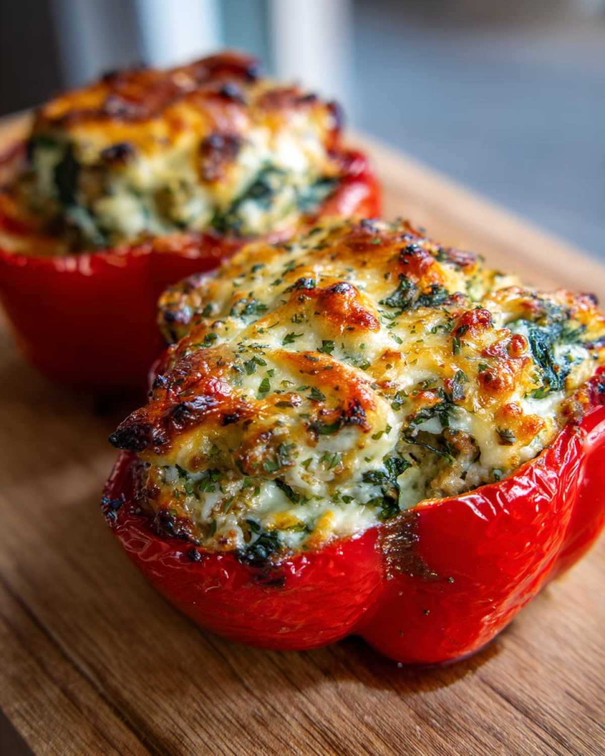 Two baked red bell peppers filled with creamy Italian sausage stuffing and topped with melted, browned cheese.