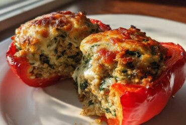 Close-up of a Keto Creamy Italian Sausage Stuffed Pepper cut in half, showing cheesy filling.