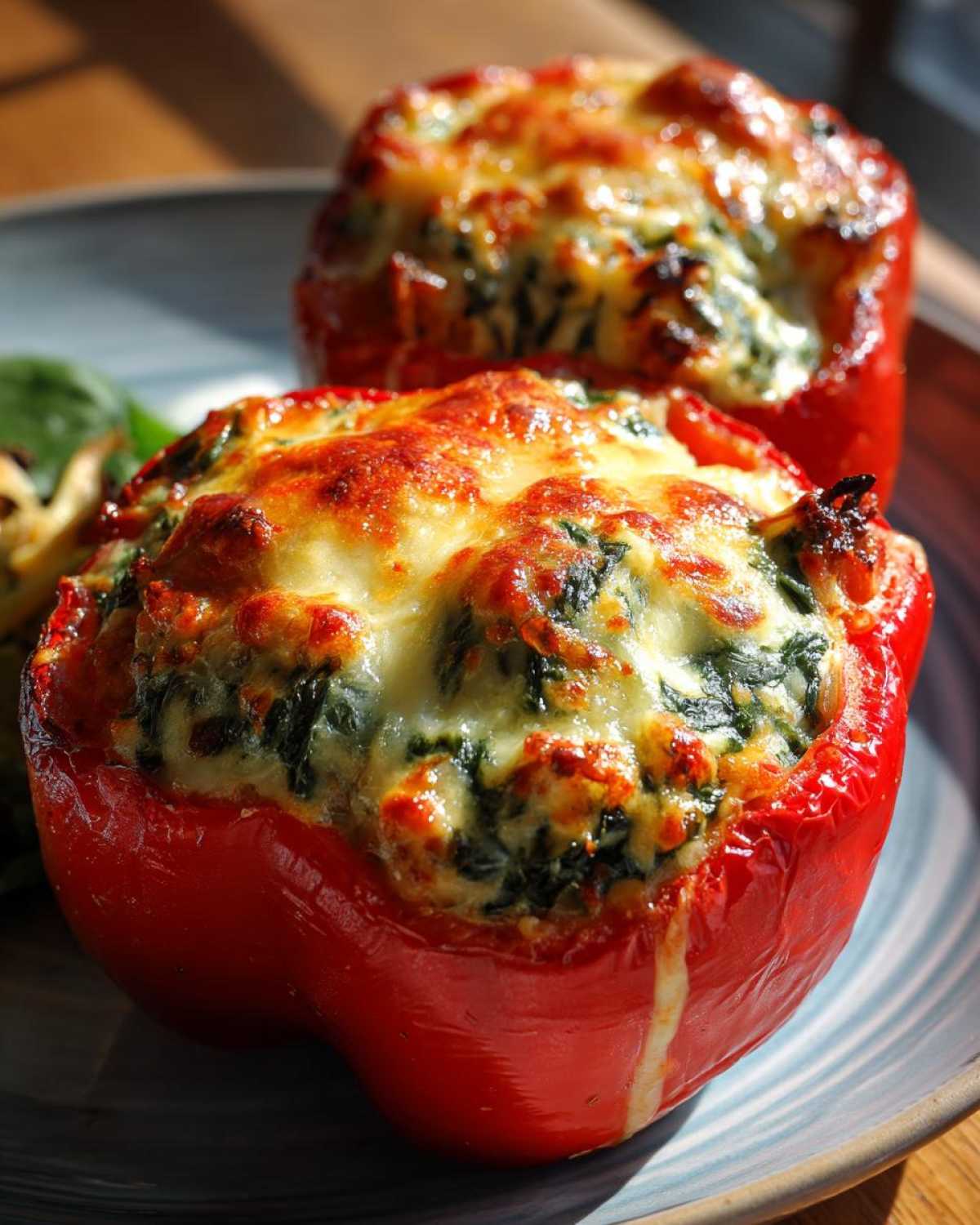 Two vibrant red bell peppers stuffed with a creamy Italian sausage and spinach filling, topped with melted, browned cheese.