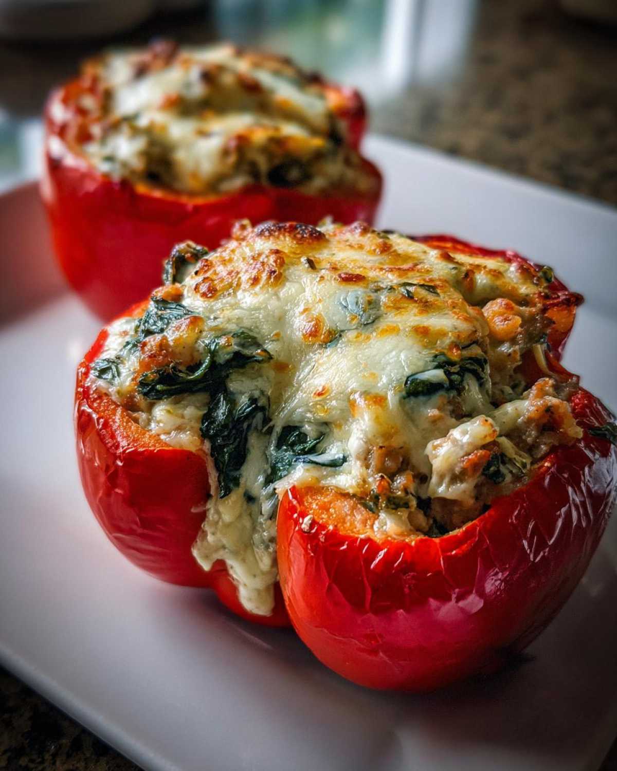 Close-up of two Keto Creamy Italian Sausage Stuffed Peppers topped with melted, browned cheese.