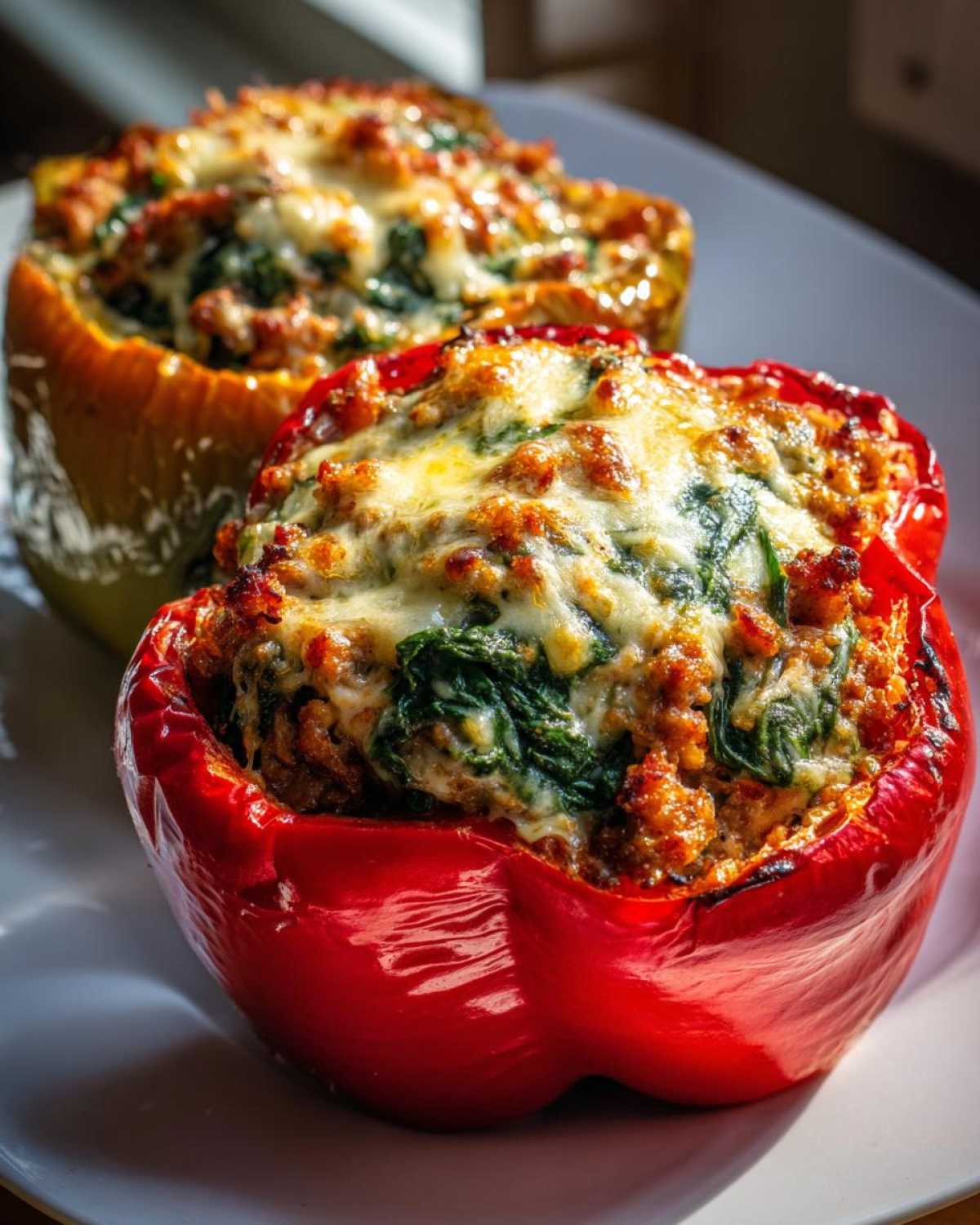 Two baked Keto Creamy Italian Sausage Stuffed Peppers topped with melted cheese and spinach on a white plate.