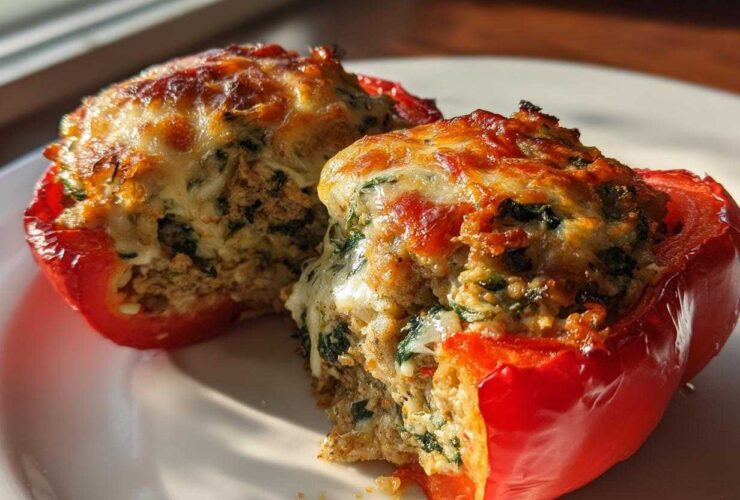 Close-up of a Keto Creamy Italian Sausage Stuffed Pepper cut in half, showing cheesy filling.