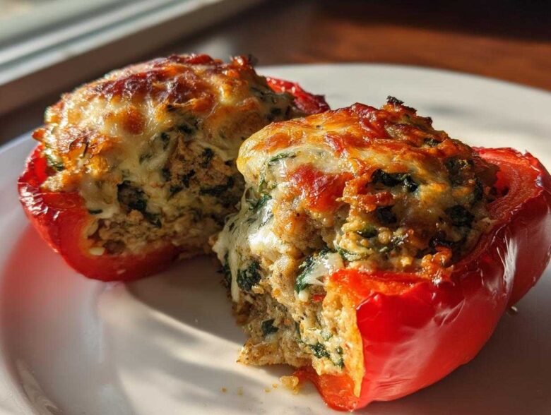 Close-up of a Keto Creamy Italian Sausage Stuffed Pepper cut in half, showing cheesy filling.