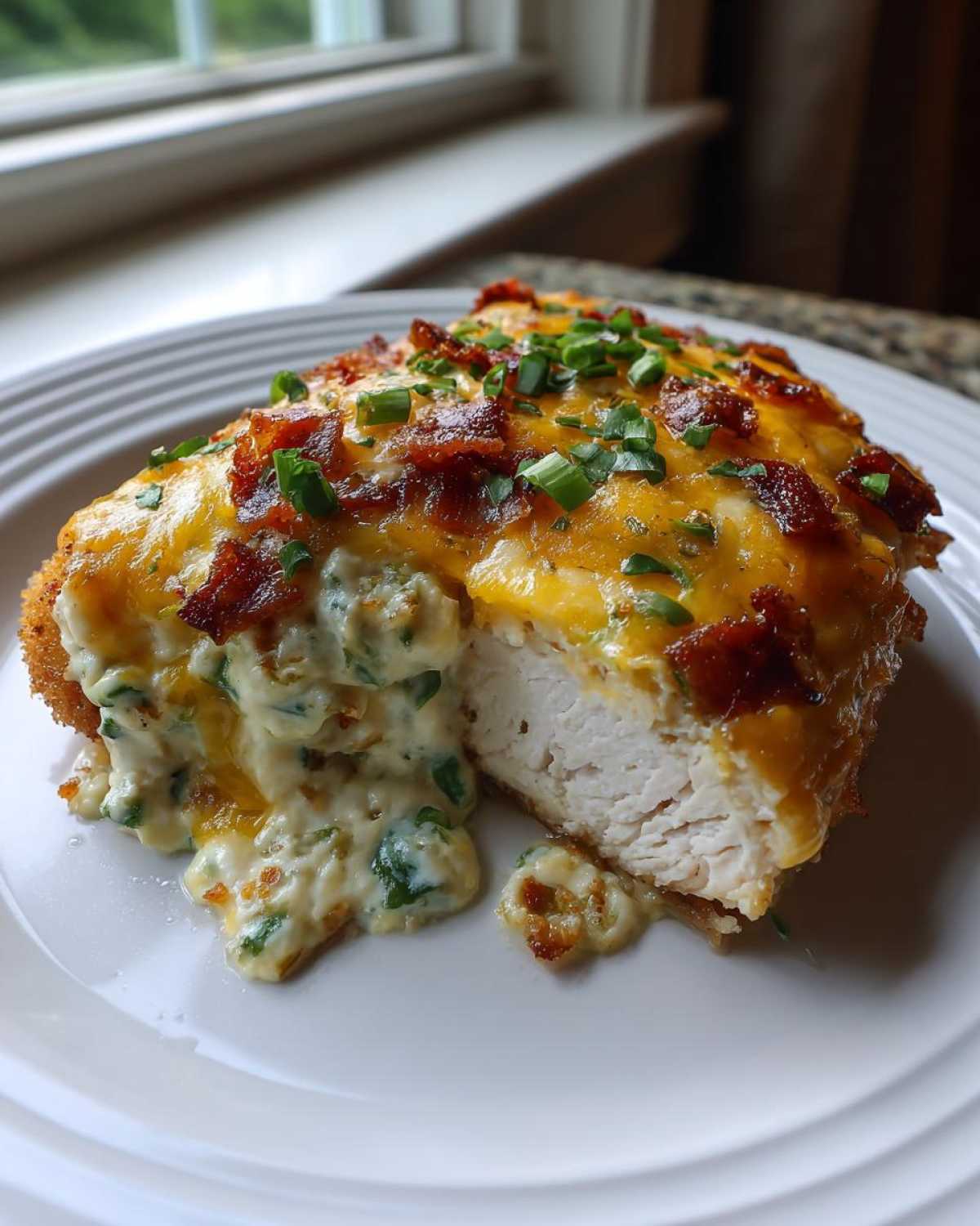 A cross-section view of Keto Creamy Jalapeno Popper Chicken showing juicy white meat topped with melted cheese, bacon, and chives.