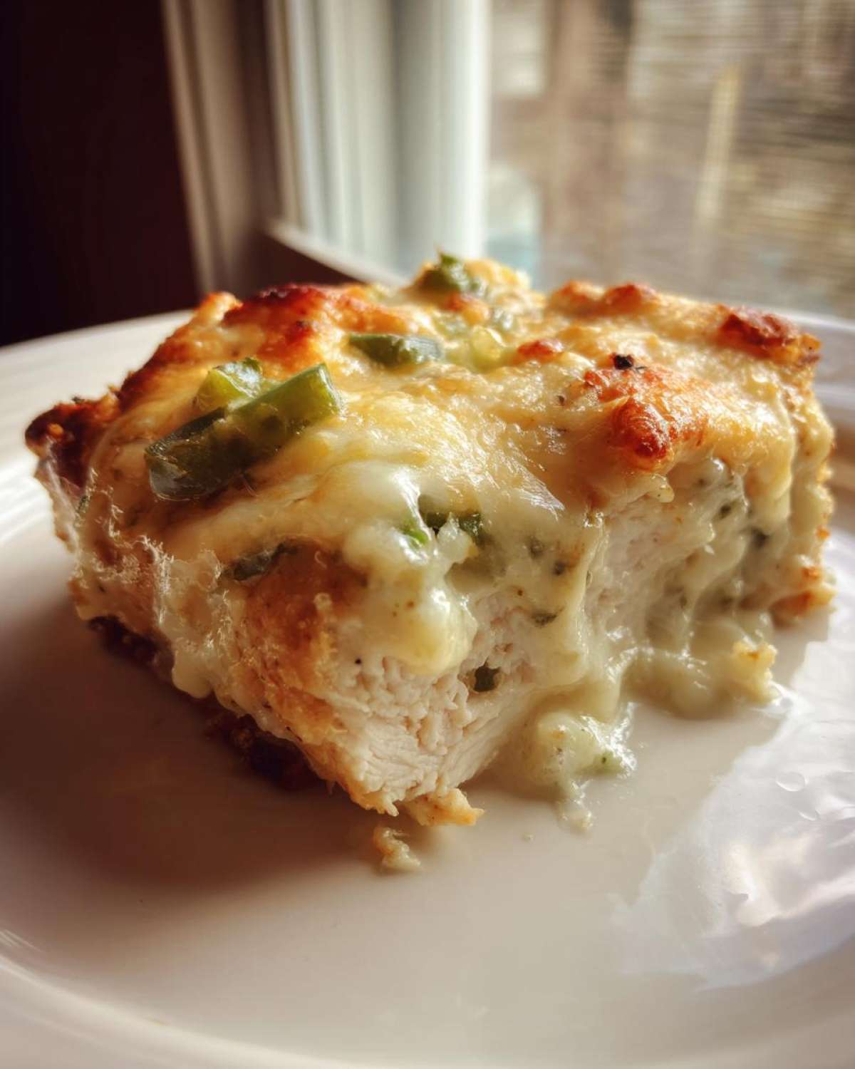 A close-up of a serving of Keto Creamy Jalapeno Popper Chicken showing melted cheese and chicken breast.