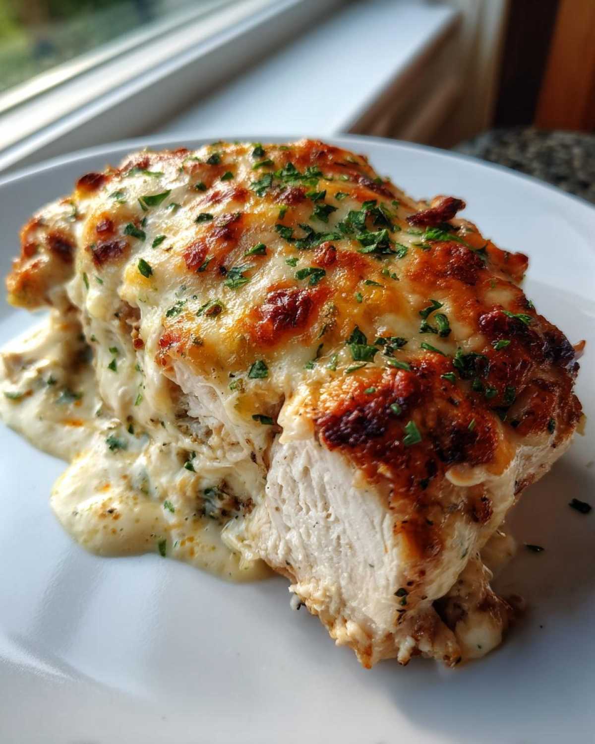 A close-up of a juicy Keto Creamy Jalapeno Popper Chicken breast, cut open to show the white meat and creamy filling, topped with melted cheese.